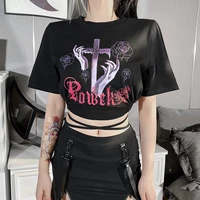 y2k gothic punk short t shirt womens cross print sexy navel cosplay tees chic lace up short sleeve summer black tops