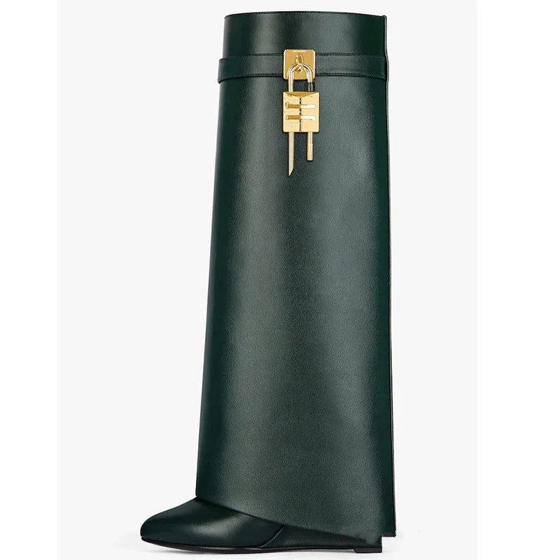 Luxury Women High Knee Boots Shark Lock Thick Platform Wedges Female Leather Long Boots High Heels High Quality Ladies Shoes