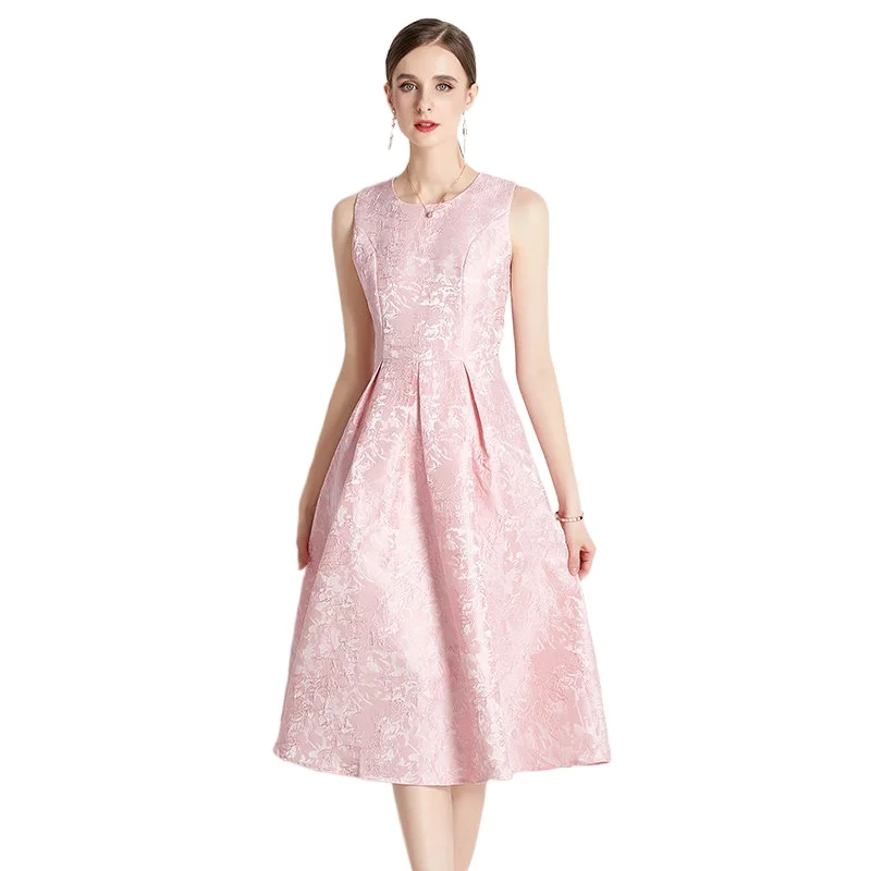 Simgent Pink Dress For Women 2022 New Fashion Jacquard Sleeveless Elegant Slim Tank Dresses Vestidos Robe Femme Jurken SG28106