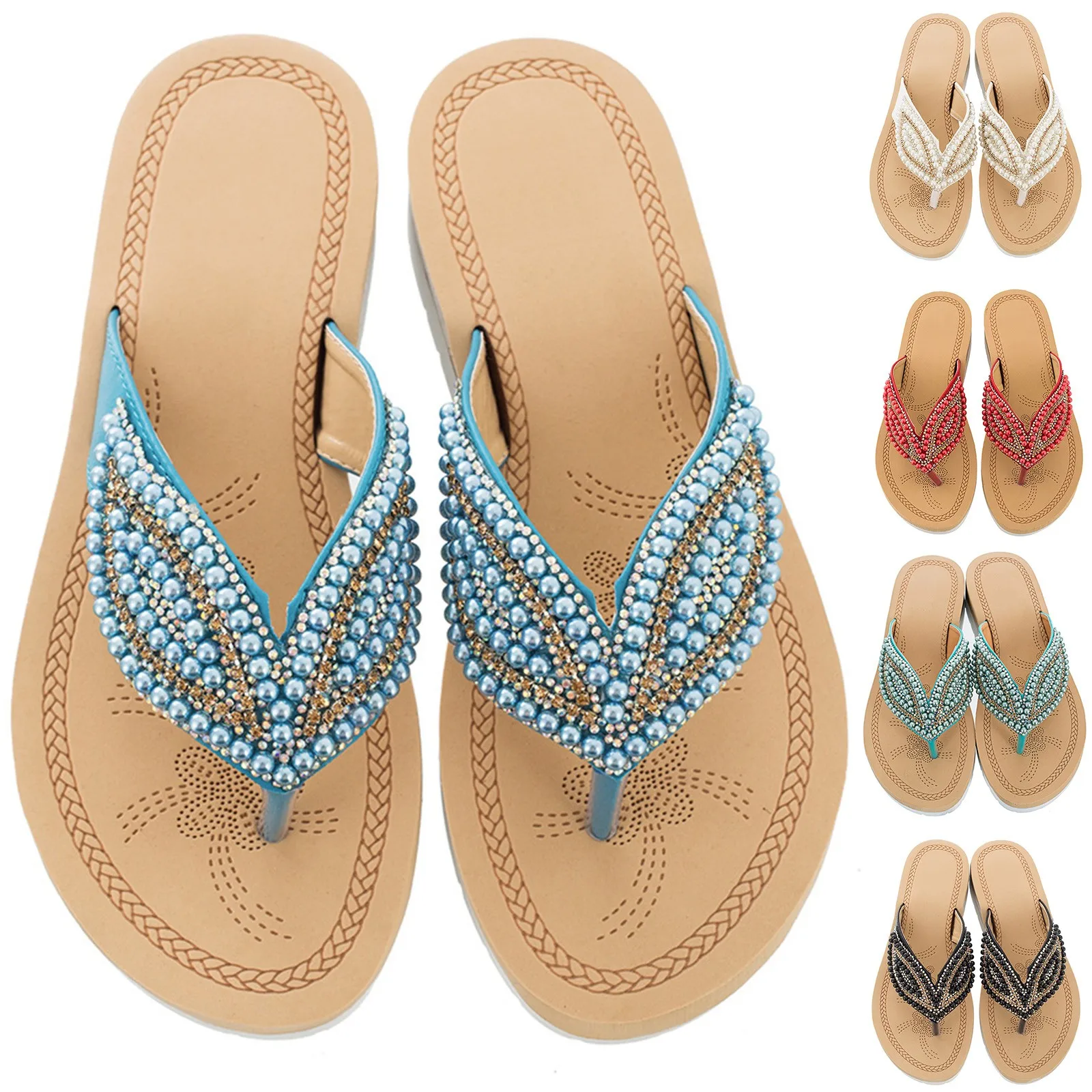 

Wedges Bling Beading Flip Flops Women Summer New Pearl Platform Sandals Fashion Beach Slides Woman Shoes Rivets Studs Beach Shoe