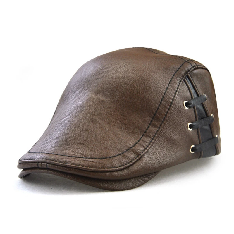 

Beret PU Leather Caps Windproof Man Beret Bandage Hat Autumn Spring Flat Cap Casquette Warm Side Strap Boina Masculina