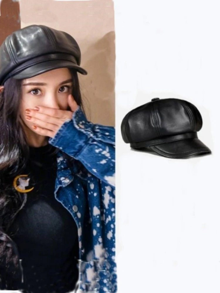 

Japanese hat women fall/winter sheepskin octagonal hat fashion newsboy hat English cap beret Joker leather hat