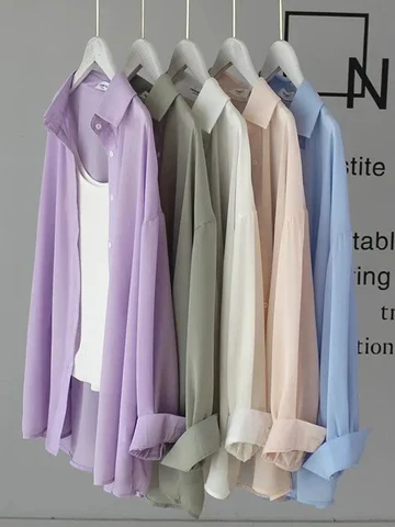 JMPRS Chiffon Women Thin Shirts Summer Perspective Button Up Solid Korean Sun Shirt Long Sleeve Fashion Korean Ladies Tops New