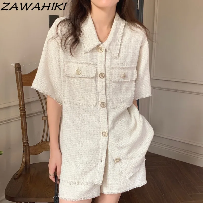 

Лето 2021, модный костюм zawhiki с короткими рукавами, однотонный длинный кардиган с бахромой, с высокой талией, свободные короткие брюки, элегант...
