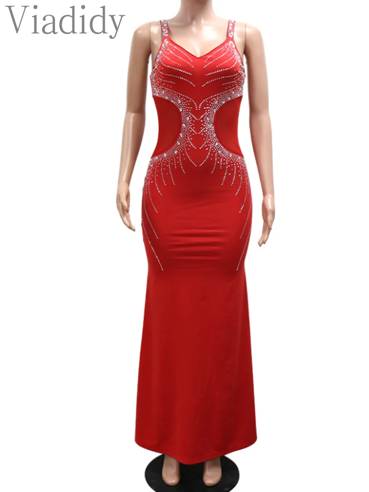Women Spaghetti Strap Rhinestone Floor Length Mermaid Party Dress