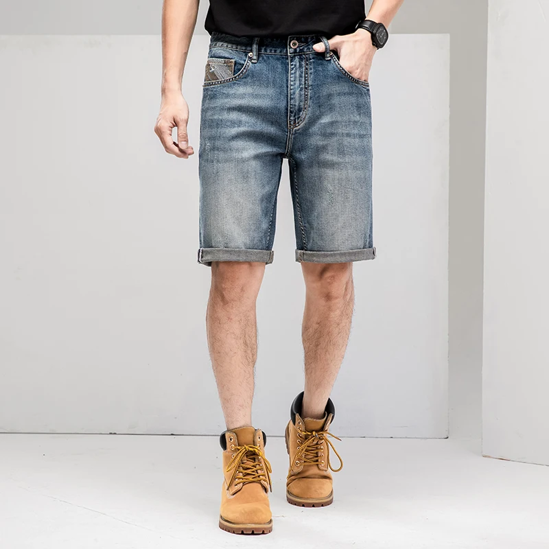 Men's Summer Fashion Middle Waist Micro Elastic Zipper Open Five Point Denim Shorts Handsome Masculine Jean Short Drop Shipping