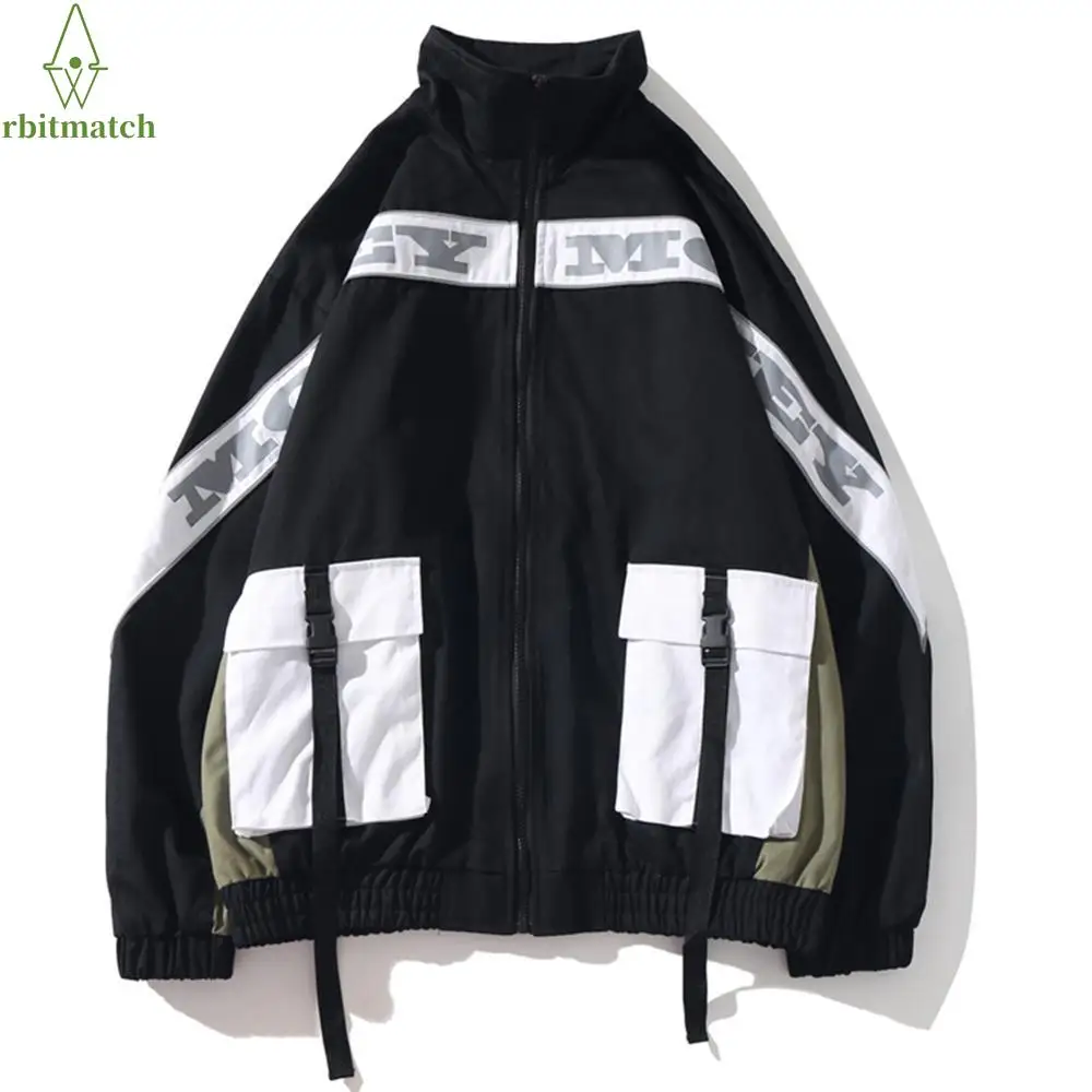 

Arbitma Patchwork Ribbons Multi Pockets Men Hooded Cargo Jackets Harajuku Streetwear Overcoats Casual Male Zipper Jacket Coats