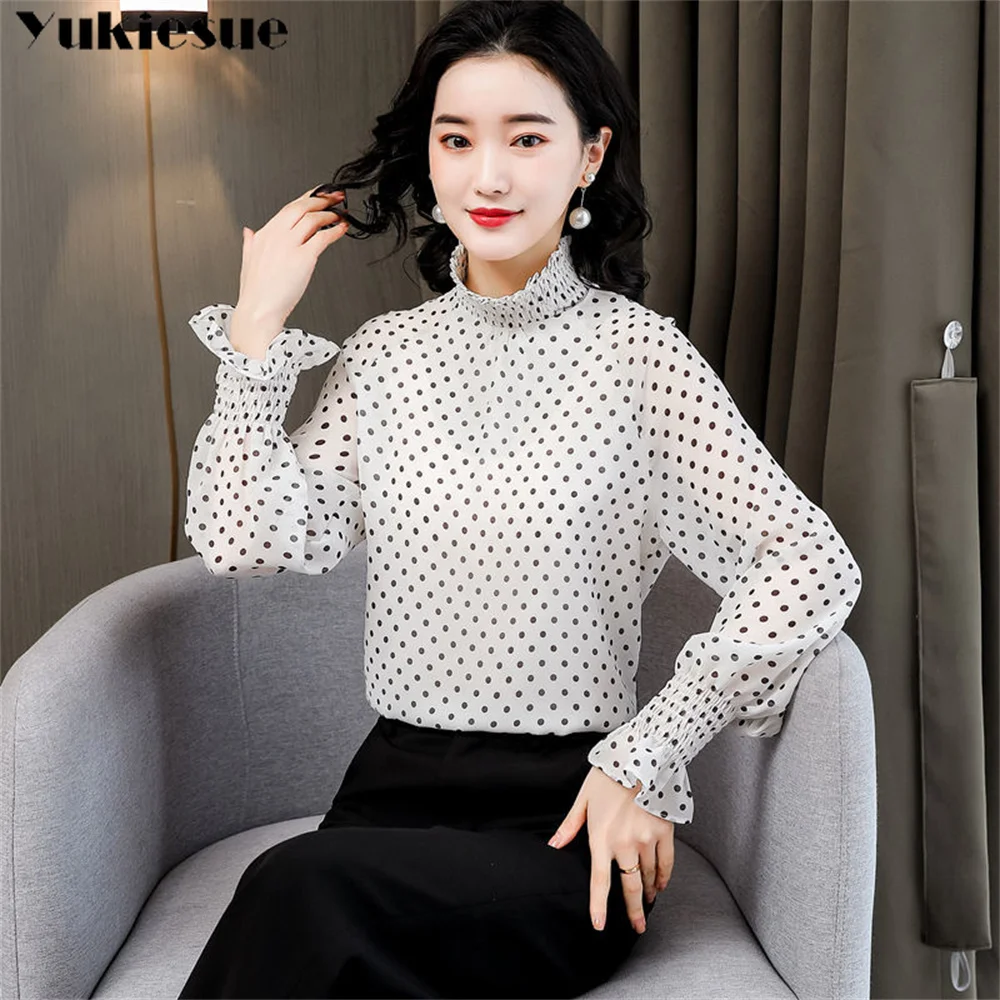 Блузка женская шифоновая в горошек элегантная рубашка с длинным рукавом топ на