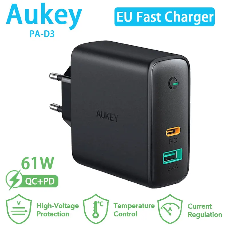 

AUKEY PA-D3 USB TypeC Fast Charger 60W QC PD 3.0 Dual Port Mini Portable Adapter For IPhone 13 12 IPad Xiaomi EU Qucking Charger