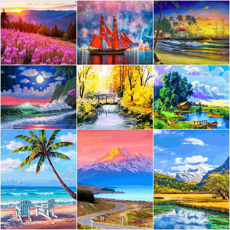 

AB Colorful Diamond Painting Full Rouns Drill Sunrise Sunset Landscape Embroidery Valley Scenery Pictures Home Decoration Gift