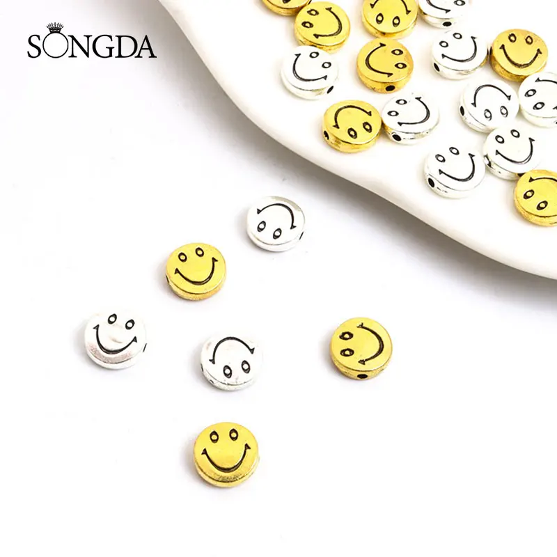 

10pcs Antique Gold Color Plated Smiley Loose Spacer Beads Round Hole Alloy Metal Beaded Charms for Jewelry Making DIY Accessory