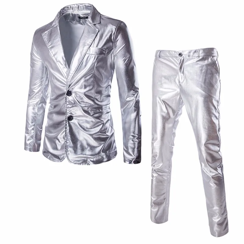 

Coated Gold Silver Black (Jackets + Pants) Men Suit Sets Dress Brand Blazer Party stage show shiny clothes
