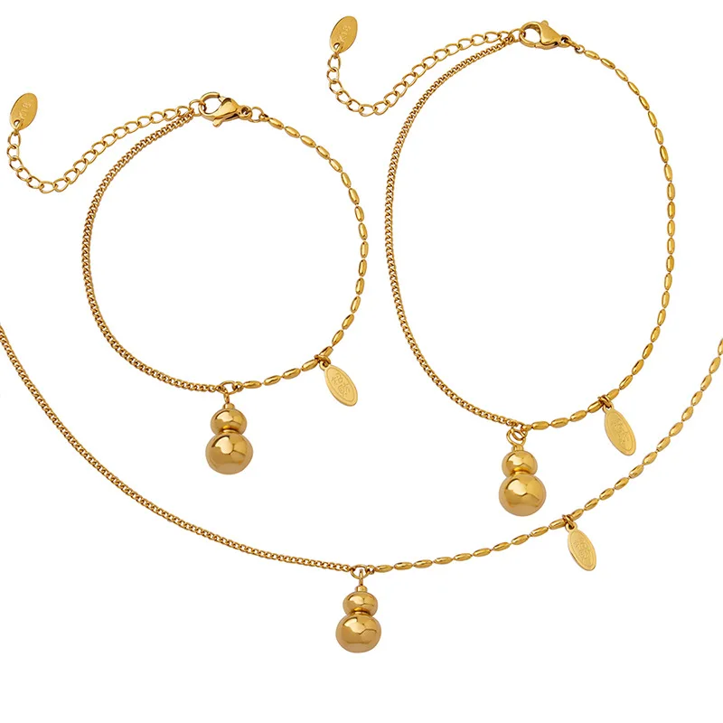 

Gourd Pendant Necklace Bracelet Anklet Set For Women Stainless Steel Gold Plated Three-piece Set Lucky Oval Piece Jewelry