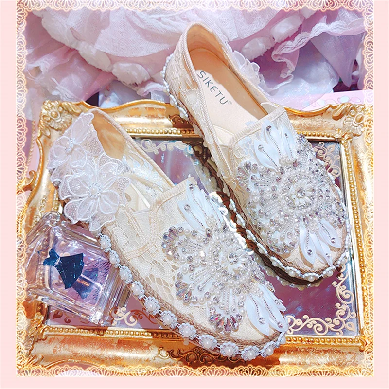 Handmade beaded rhinestones sweet flower flat shoes women's shoes breathable mesh with diamonds comfortable pedal 35-39