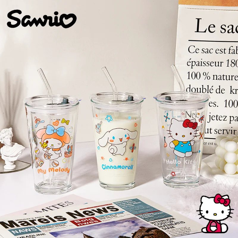 

Anime New Kawaii Sanrio HelloKitty Glass Kuromi Cinnamoroll Student Large Capacity Milk Cup Girl Cute Juice Drink Straw Cup Gift