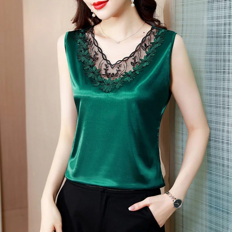 

Satin Tank Top Women Sleeveless Lace Camis V-Neck Sexy Blouse Solid Hollow Out Silk Tank Tops Appliques OL Green Tops for Women