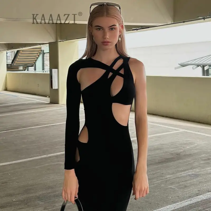 

KAAAZI One Shoulder Long Sleeve Fashion Sexy Hollow Out 2023 New Slim Jumpsuit Women Streetwear Clothes Female Bodysuits