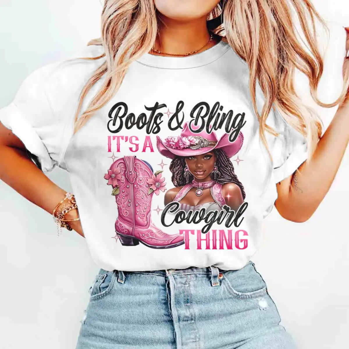 Фото Ретро-сапоги и Bling its a Cowgirl Thing Графическая футболка Модные повседневные футболки с короткими рукавами Футболки с принтом тай-дай Женская одежда №5
