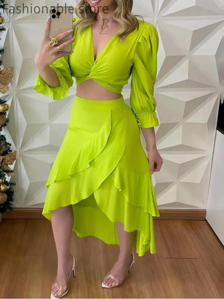 

Women Solid Color Puff Sleeve Tied Detail Top and Ruffles Design Asymmetrical Skirt 2pcs Set