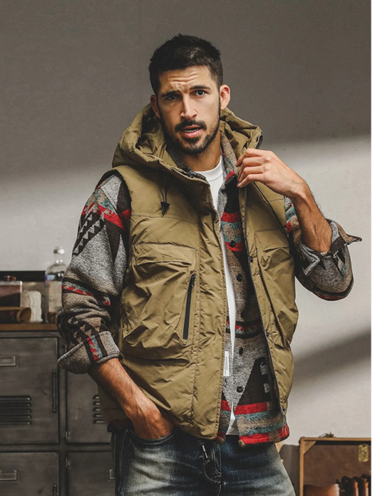 American Outdoor Cargo Vest Men's Amekaji Quilted Outer Wear Cotton-Padded Clothes Thickened Hood Cotton-padded ...