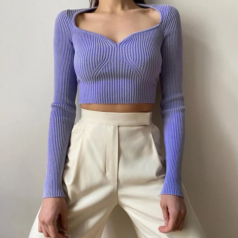 

Fashion Spring High Elastic Long Sleeve Slim Top Women's New White/Blue/Purple Sexy Peach Heart V-neck Woolen Knitted Shirt 2021