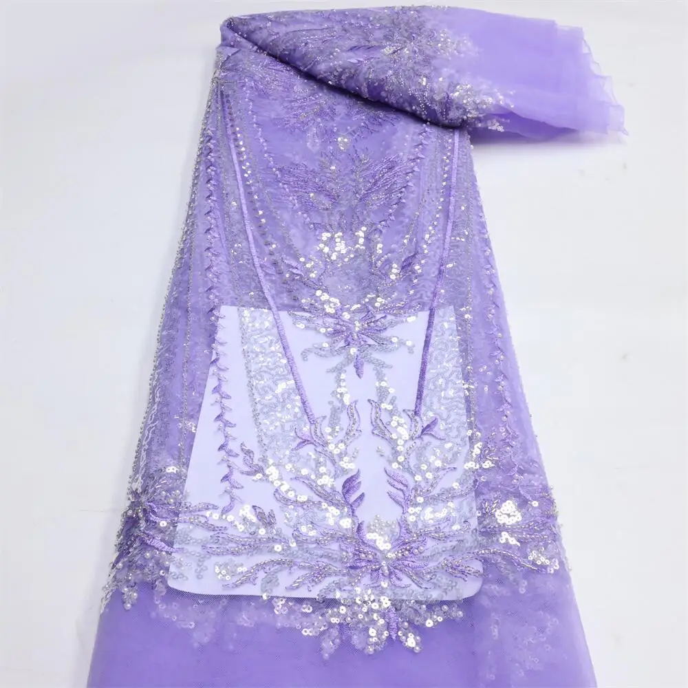 

Latest African Beaded Lace Fabric with Sequins 2022 High Quality 5 Yards Nigerian Women Beaded Lace for Party Dresses LY1488