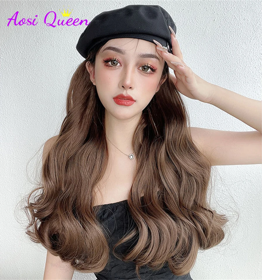 

AS Long hair hat wig integrated detachable long straight hair beret autumn and winter octagonal hat Synthetic wig women