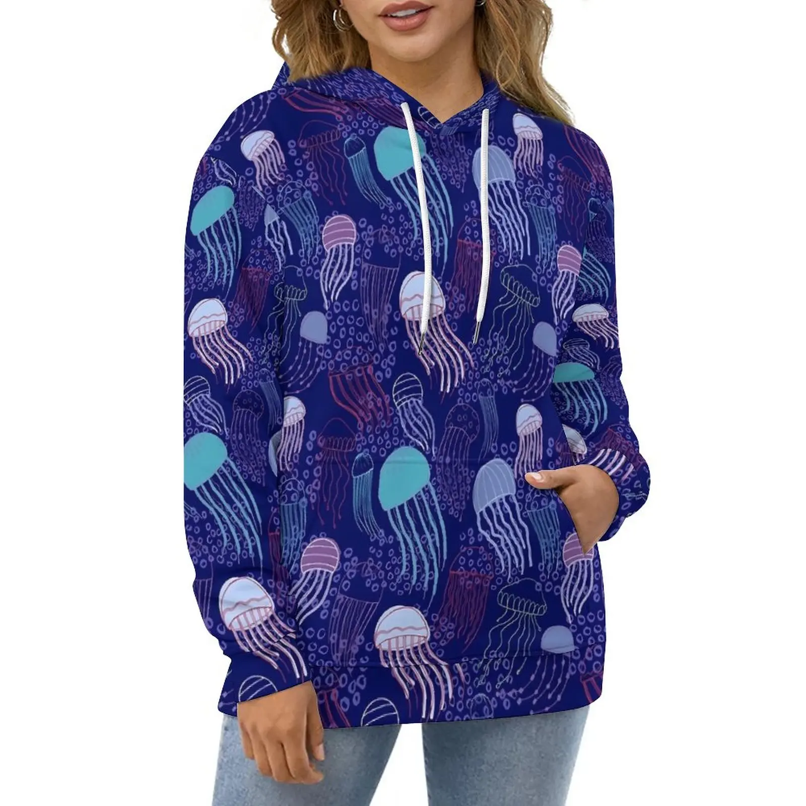 

Purple Jellies Casual Hoodies Deep Sea Jellyfish Retro Hoodie Long Sleeve Oversized Street Wear Graphic Loose Hooded Sweatshirts