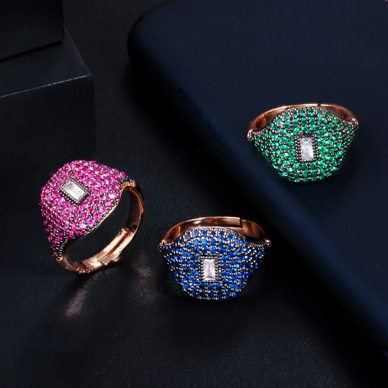

ThreeGraces Unique Micro Pave Green Cubic Zirconia Crystal 585 Rose Gold Color Fashion Adjustable Size Ring for Women R270