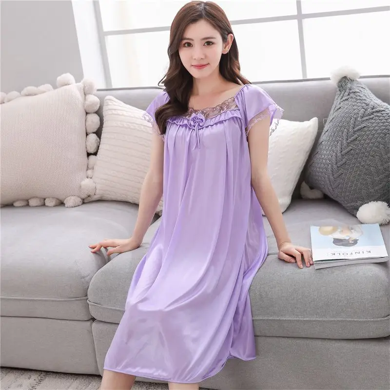

Women's Ice Silk Nightdress Summer Short Sleeve Mid-length Nightgown Solid Color Sexy