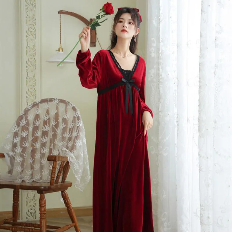 Tulin Fashion Winter Nightgown Lace Woman Nightie Bow Knot Tie Velvet Long Wedding Dresses  Elegant Homewear Red Green Black