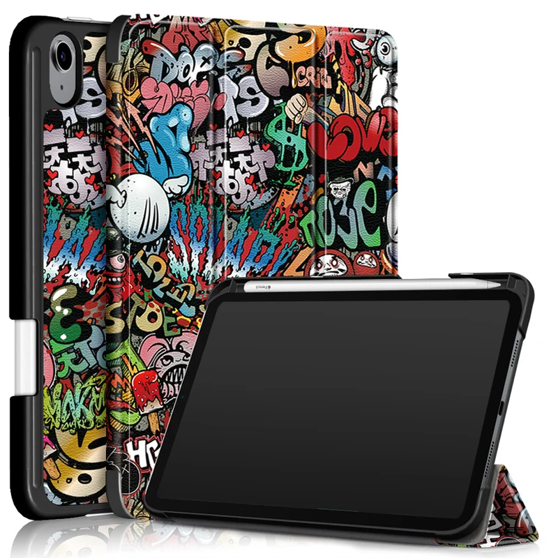 

For iPad Mini 6 Case 8.3" Foldable Auto Sleep Smart Cover with the Pencil Slot Ultra Thin Kickstand Graffiti Tablet Sleeves
