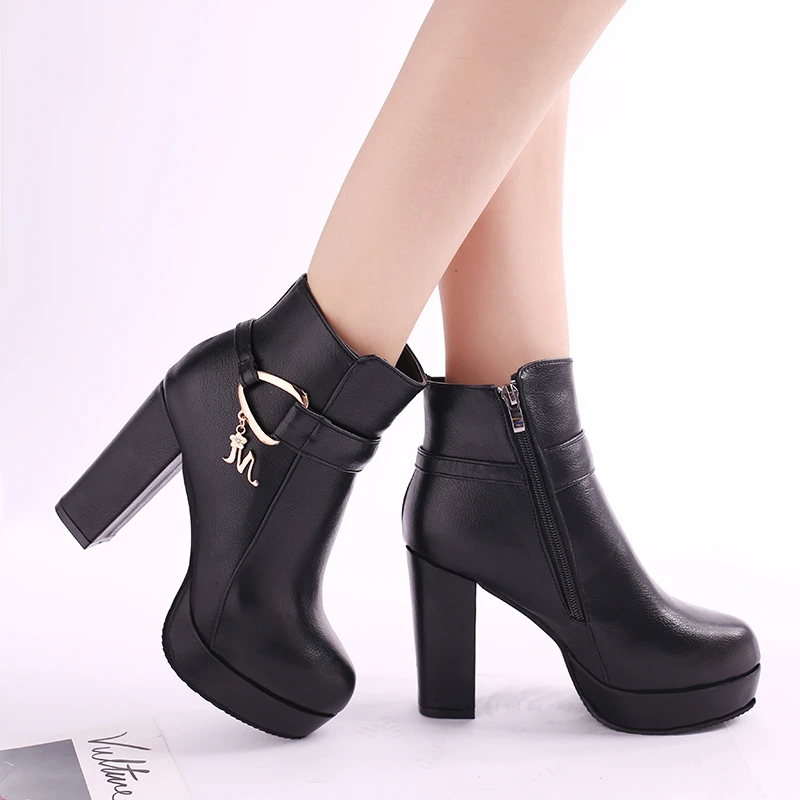 

New Black Leather High Heels Platform Ankle Boots Women Autumn Winter Punk Motorcycle Boots Bottes Plateforme Short Boots