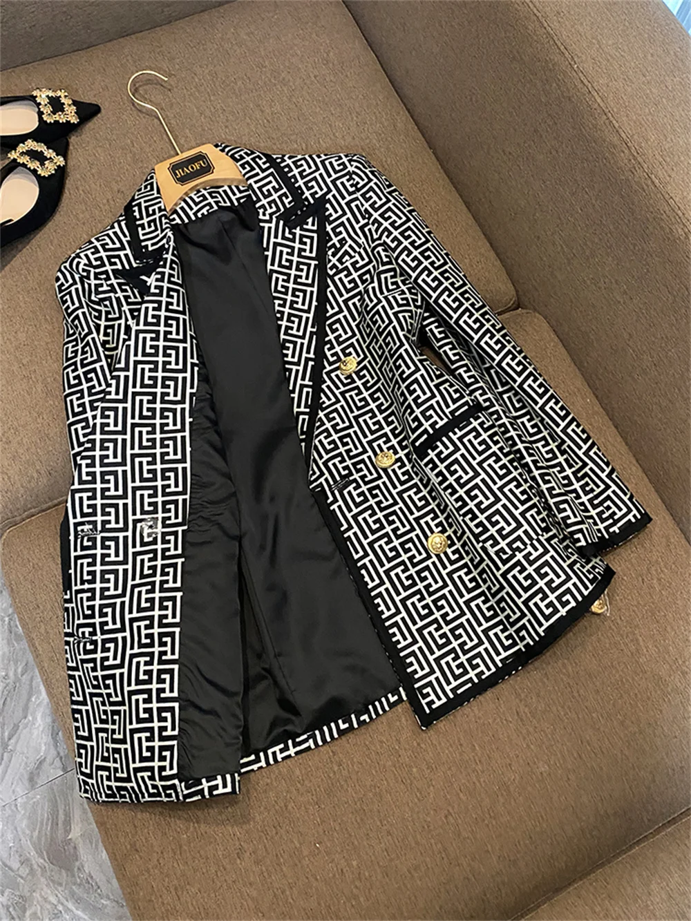 Vintage Jacket for Women Newest 2023 Trimmed Double Breasted Geometric Jacquard Coat Office Ladies Business Formal Blazers