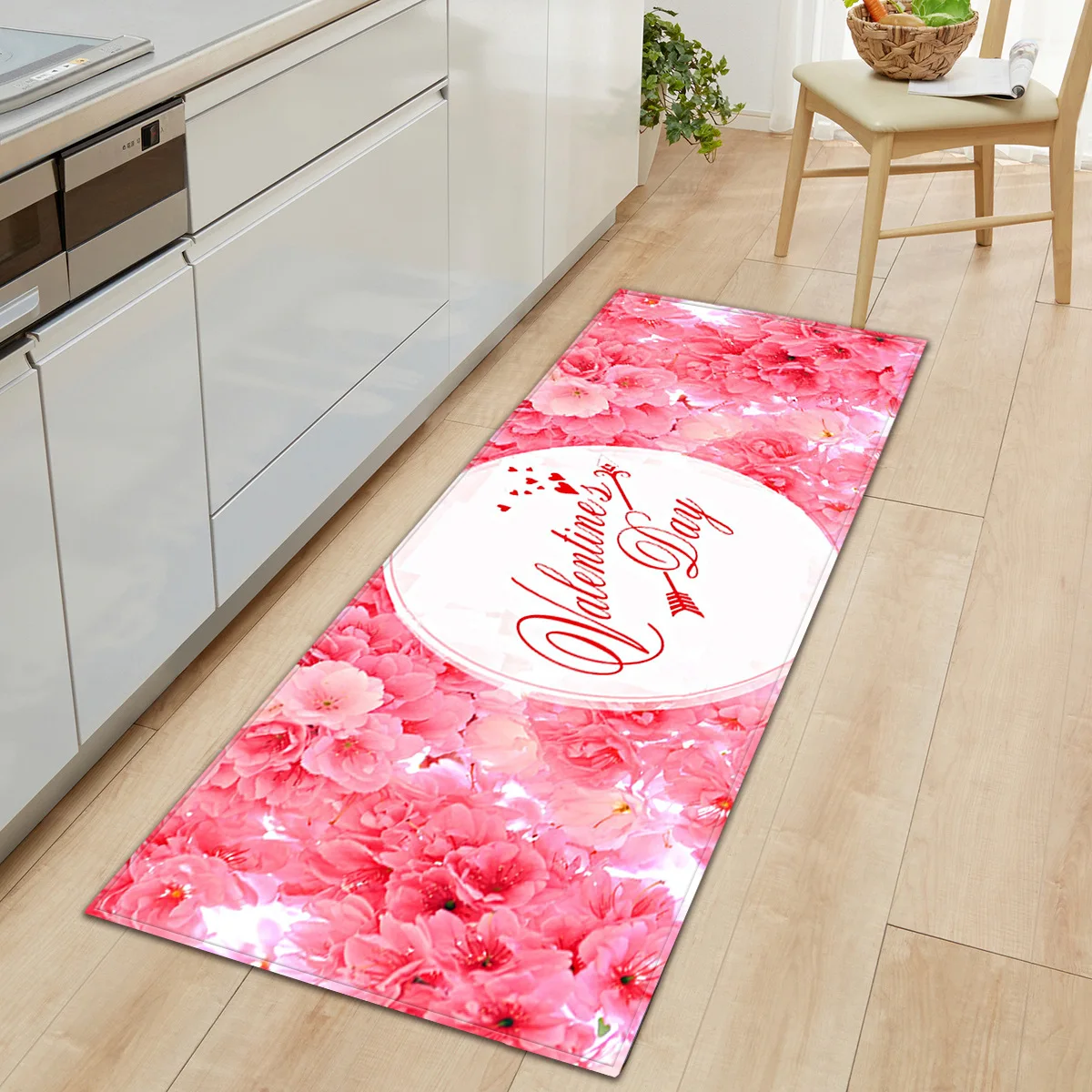 

Valentine's Day Pink Rose Floral Kitchen Rug and Mat Sofa Carpet Love Non Slip Welcome Floor Door Mat Indoor Entrance Bedside