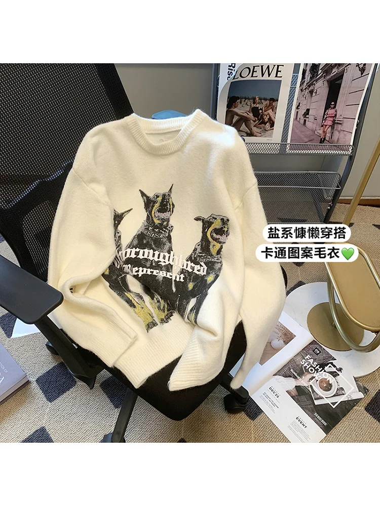 

Retro Street Harajuku Animals American Letter Knitted Sweaters Women Autumn Winter Casual Oversize Pullover Knitwear Fall Tops