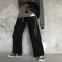 harajuku black cargo pants men women punk streetwear fashion casual goth techwear spring autumn vintage chain male trousers