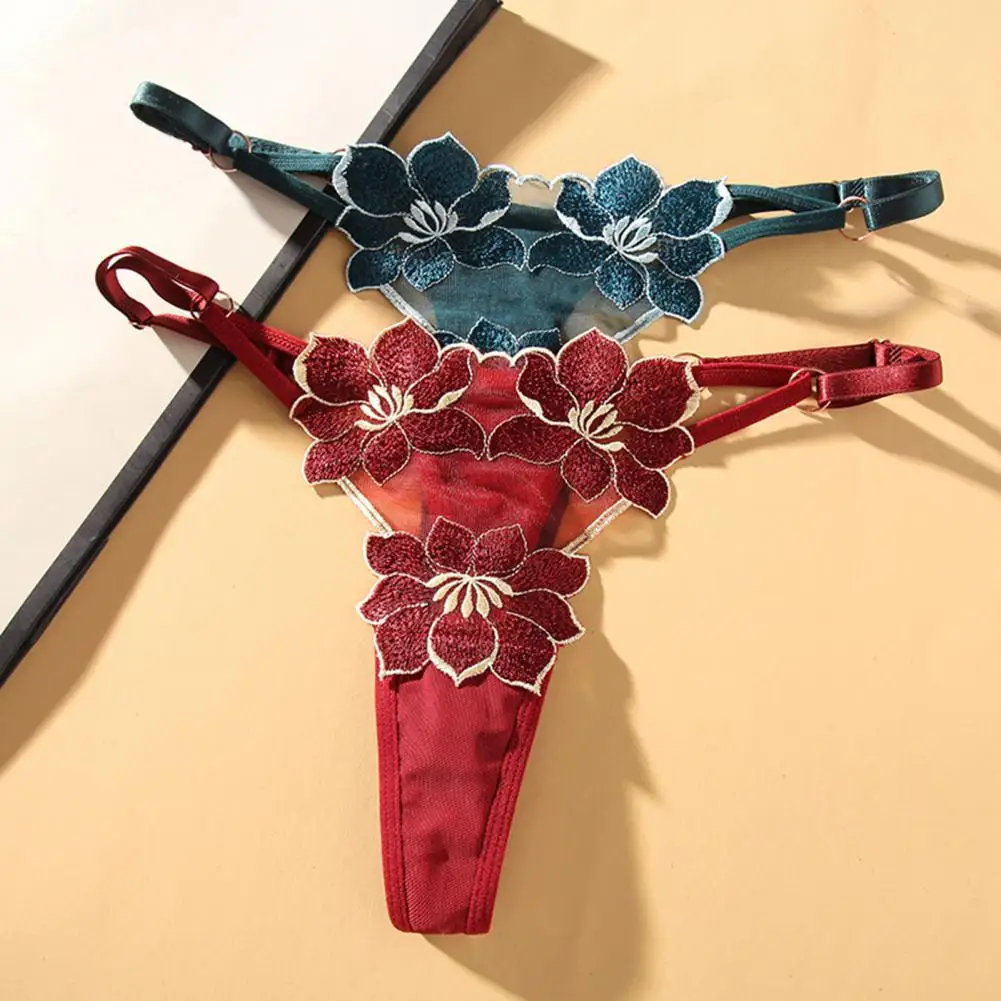 

Women Underpants Adjustable Perspective Knitting Low Waist Panties Pornographic Mesh Flower Embroidery Lady Briefs for Honeymoon