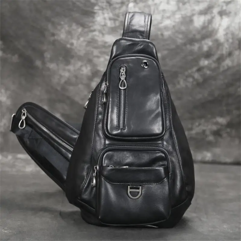 

Leather Sports Bag Chest For Bag Men Backpack Shoulder Man Bag Genuine Bag Black Male Riding Chest Leather Pack Chest Bag Single