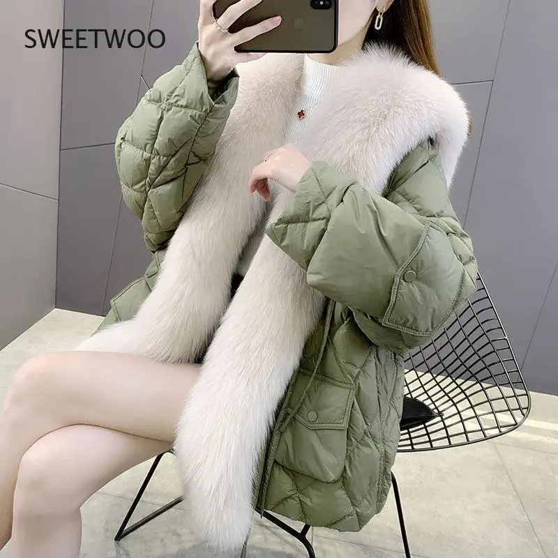 Women Winter Faux Fox Fur Warm Coats Vintage Leather Female Thick Jackets Casual Street Lady Collar Loose Removable Navy Collar