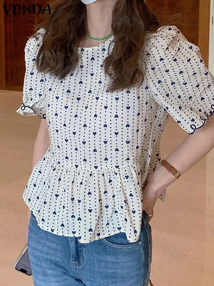 

Богемные рубашки VONDA, женская блузка, Летняя туника с коротким рукавом и принтом в виде сердца, топы 2023, модные повседневные праздничные Блузы с круглым вырезом для женщин