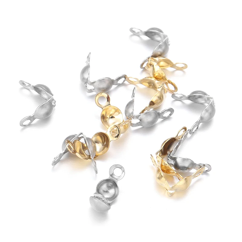 

50pcs Stainless Steel Ball Chain Calotte End Crimps Beads Connector Clasp Clamshell Bead Tips Knot Covers Bracelets Clip Buckles