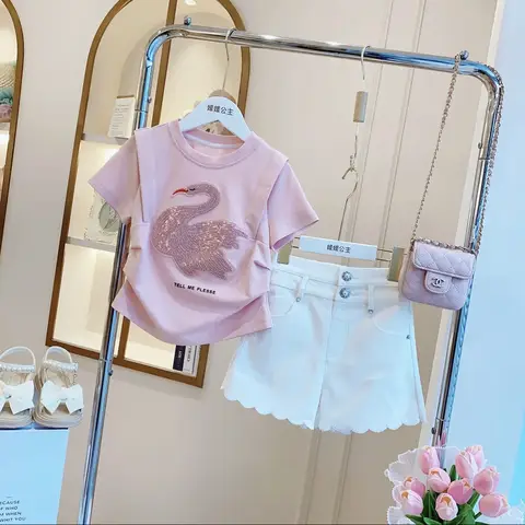 Летний модный повседневный комплект для маленьких девочек, розовый топ с блестками и мультяшным рисунком + белая юбка, 5-9 T