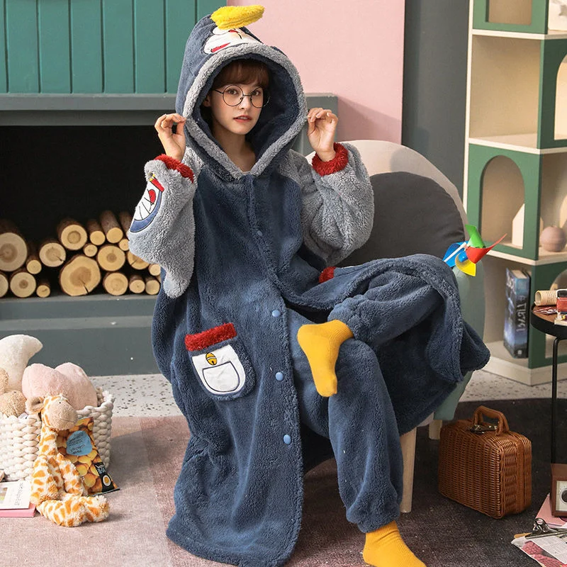 

Пижама женская осенне-зимняя утепленная плюшевая одежда длинная Студенческая мультяшная одежда можно носить на улице коралловый бархат Гл...