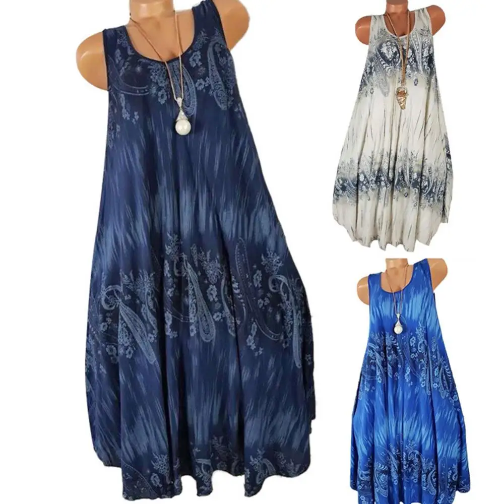 

Fashion Summer Women's Floral Printed Sexy Mini Dress Round Neck Sleeveless Sundress Loose Pleated Plus Tank Ruffle Beach Dress