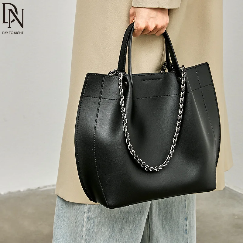 DN Chain Tote Bags Cowhide Leather Women Shoulder Bags with Double Top Handle Large Capacity Handbag Fashion Female Purse