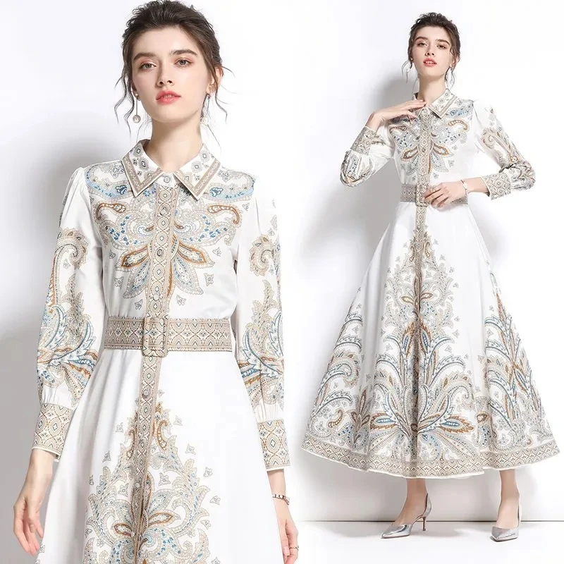 

2022 Spring Autumn New Dress Female Retro Fashion Temperament Casual Dresses Womens Long Sleeve Printed A-line Long Skirts