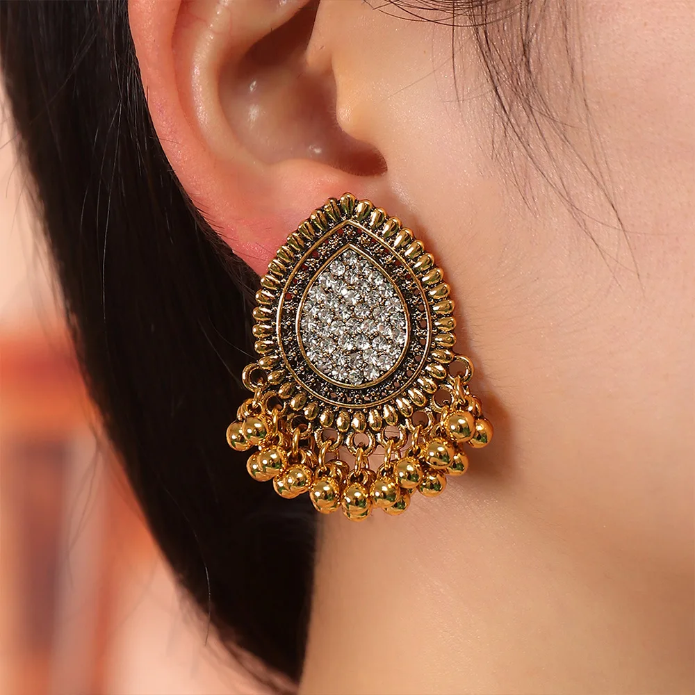 

Vintage Gold Silver Color Metal Dangle Hollow Crystals Earrings for Women Geometric Carved Ethnic Earring Indian Jewellery