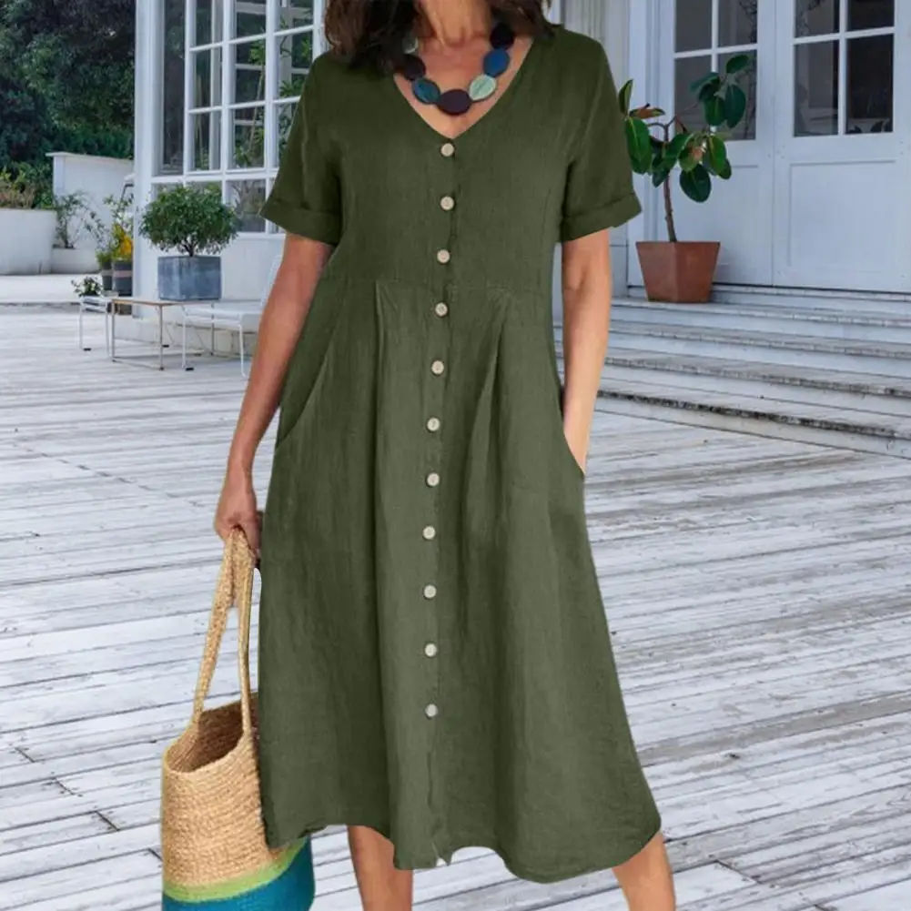 

Women Shirt Dress V-neck Big Pockets Short Sleeve Buttons Up Dress Summer Short Sleeve Loose Retro Midi Dress Female Clothing