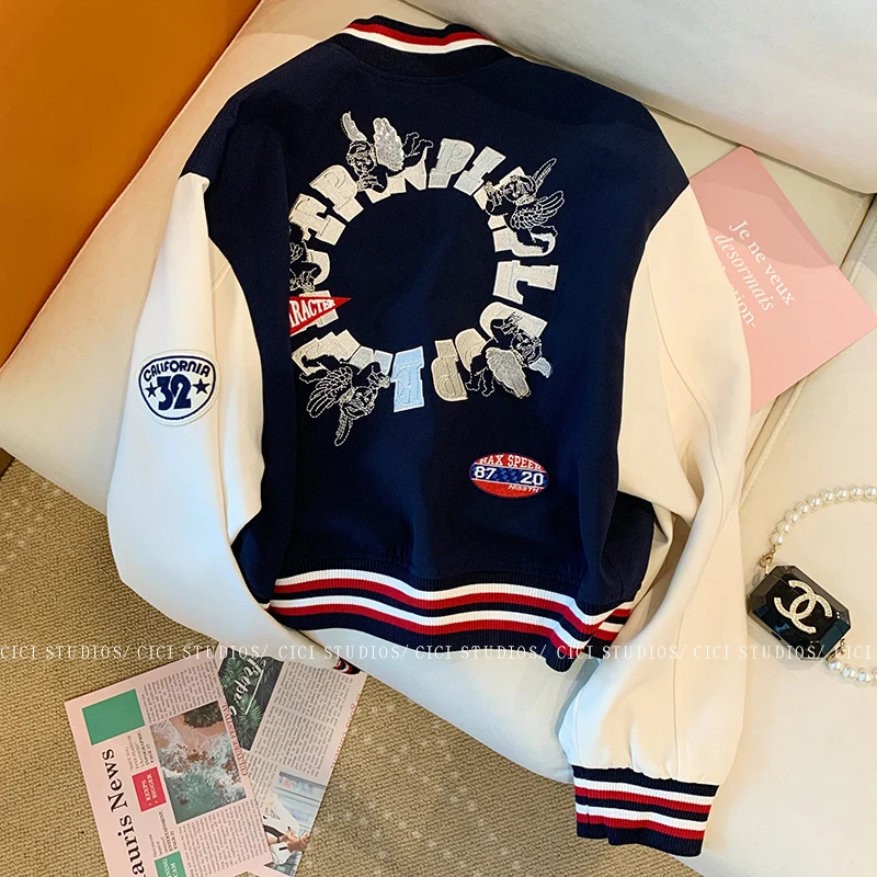 

Винтажная куртка с надписью для школьной команды 2022 куртка с длинным рукавом для бейсбольной Академии Y2k уличная одежда с вышивкой свободна...